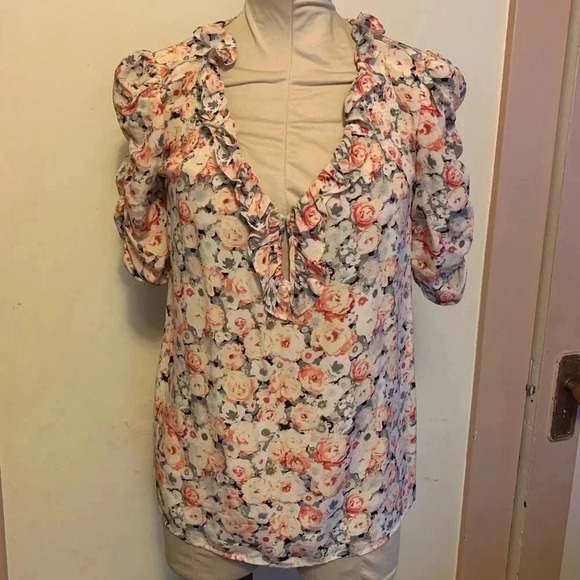 JOIE Floral Print Ruffled Silk Blouse - Picture 1 of 5